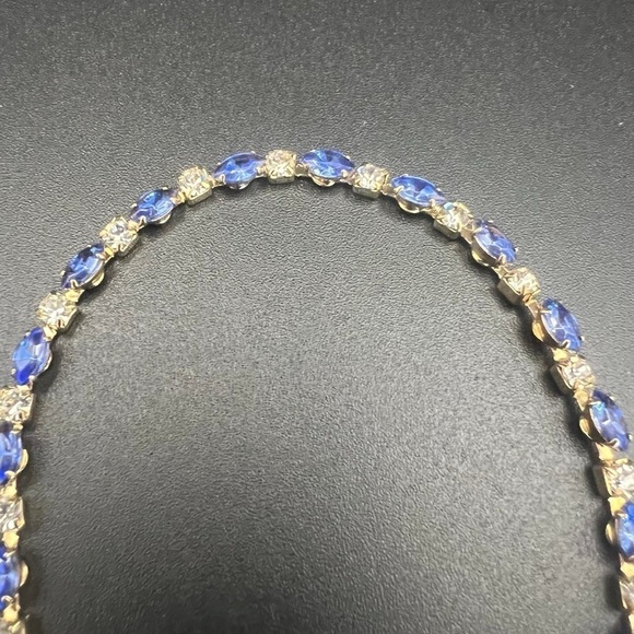 Vintage Gold Plated Tennis Bracelet – Blue & Clear Rhinestones, 7.5” - Picture 12 of 14